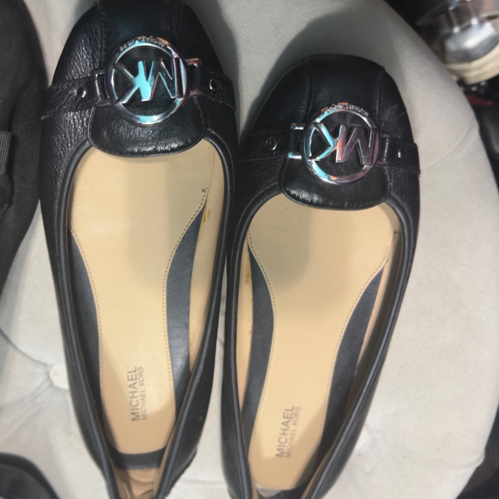 Michael Kors Black Leather Flats with Silver Logo